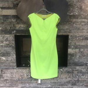 Tahari, neon green, cap sleeve midi dress